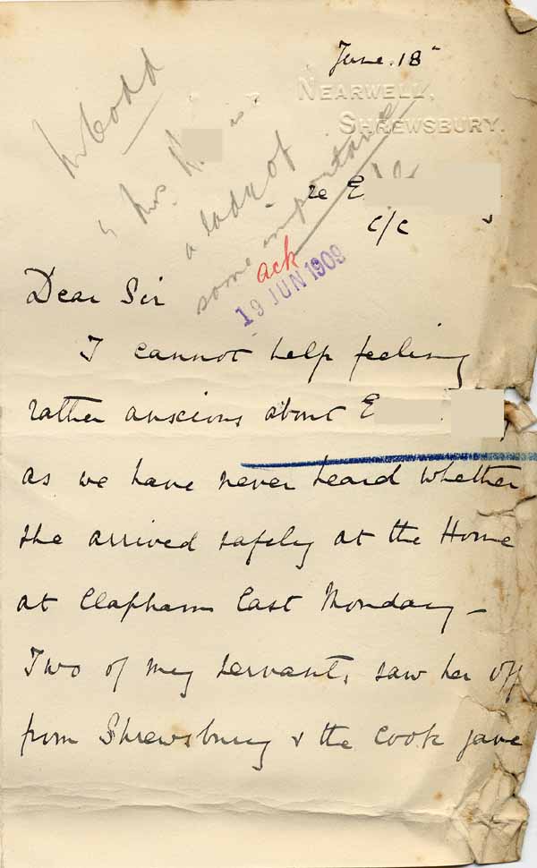 Large size image of Case 8625 24. Letter from E's former employer asking if she had arrived safely in London  18 June 1909
 page 1
