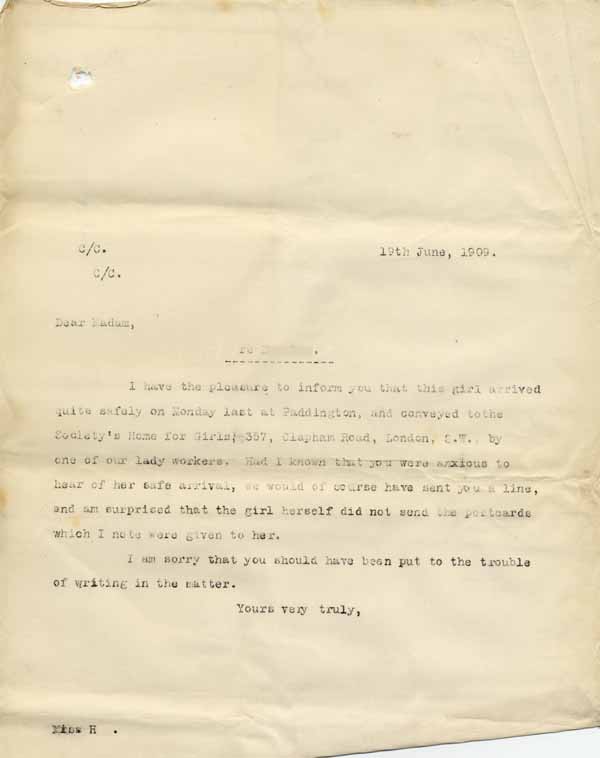 Large size image of Case 8625 25. Copy letter reporting E's safe arrival  19 June 1909
 page 1