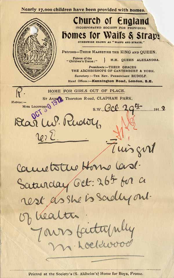 Large size image of Case 8625 30. Letter from the Clapham Home about E's health  29 October 1912
 page 1