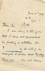 Image of Case 8625 21. Letter from E's employer about her travel to London  11 June 1909
 page 1