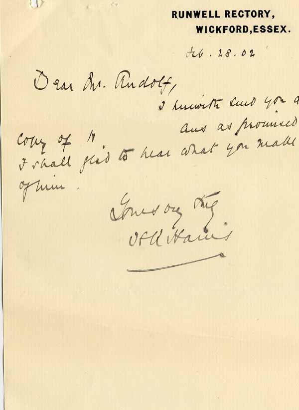 Large size image of Case 8645 11. Letter from Revd Harris to Revd Edward Rudolf enclosing H's answers  28 February 1902
 page 1