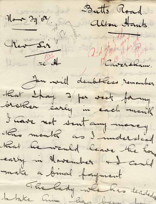 Large size image of Case 8645 20. Letter from H's brother to Revd Edward Rudolf requesting H. be discharged to learn cabinet making in Alton  29 November 1907
 page 1