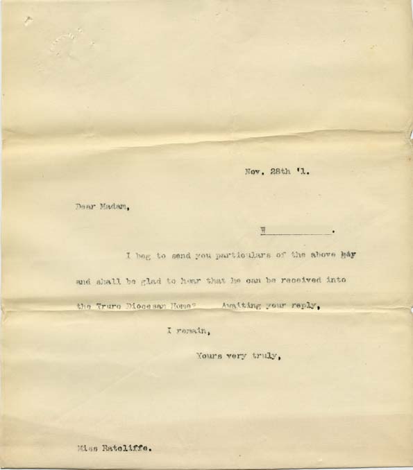 Large size image of Case 8723 5. Copy letter to Miss Ratcliffe, Honorary Secretary of the Helston Home  28 November 1901
 page 1