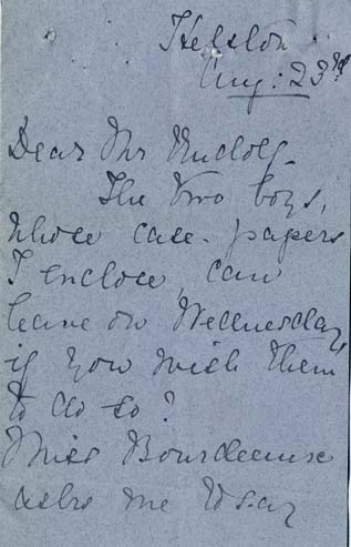 Large size image of Case 8723 11. Part of a letter from Miss Ratcliffe  23 August 1902
 page 1