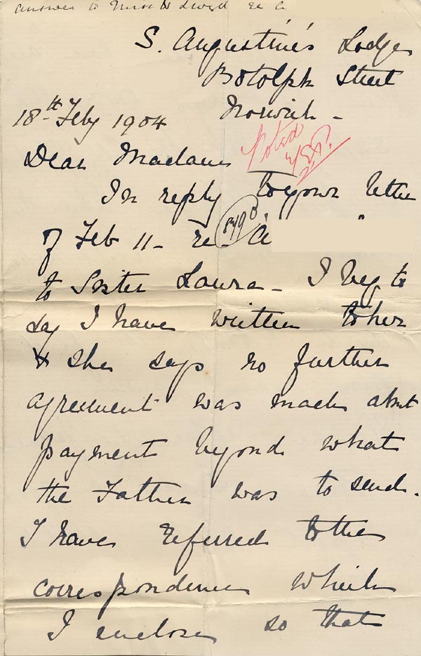 Large size image of Case 8790 10. Letter from Sister Frances with additional note from the Shrewsbury Home  18 February 1904
 page 1