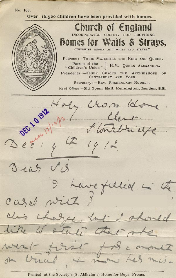 Large size image of Case 9059 4. Letter from the Holy Cross Home about E.  9 December 1912
 page 1