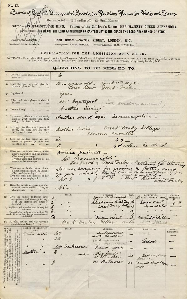 Large size image of Case 9156 1. Application to the Waifs and Strays' Society  23 August 1902
 page 1
