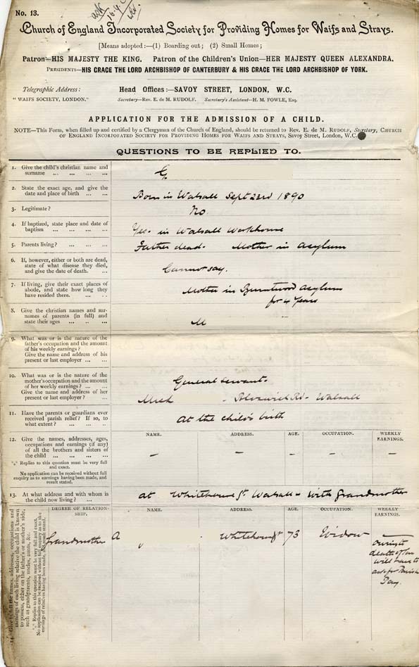 Large size image of Case 9279 1. Application to Waifs and Strays' Society  13 September 1902
 page 1