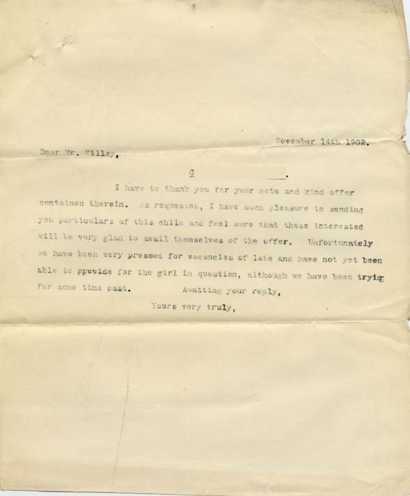 Large size image of Case 9279 6. Copy letter from Waifs and Strays' Society replying to the above letter  14 November 1902
 page 1