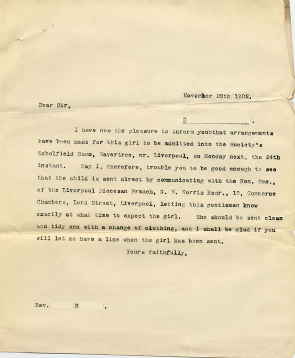 Large size image of Case 9279 9. Copy letter from Revd Edward Rudolf to Revd M. informing him that arrangements have been made for G's admission to the Home  20 November 1902
 page 1