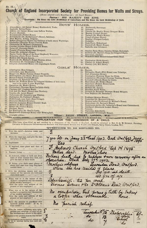 Large size image of Case 9288 1. Application to the Waifs and Strays' Society  14 July 1902
 page 1