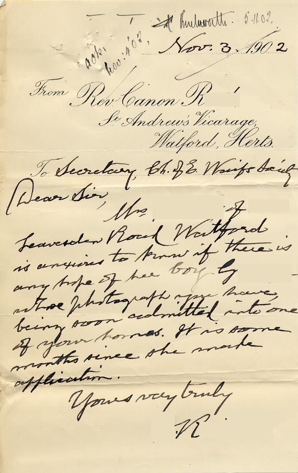 Large size image of Case 9288 3. Letter from Revd R. asking if there will soon be a place for G. in one of the Society's Homes  3 November 1902
 page 1