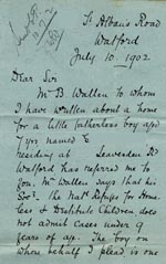 Image of Case 9288 2. Letter to the Waifs and Strays' Society enquiring about help for G's family  10 July 1902
 page 1