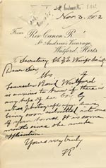 Image of Case 9288 3. Letter from Revd R. asking if there will soon be a place for G. in one of the Society's Homes  3 November 1902
 page 1