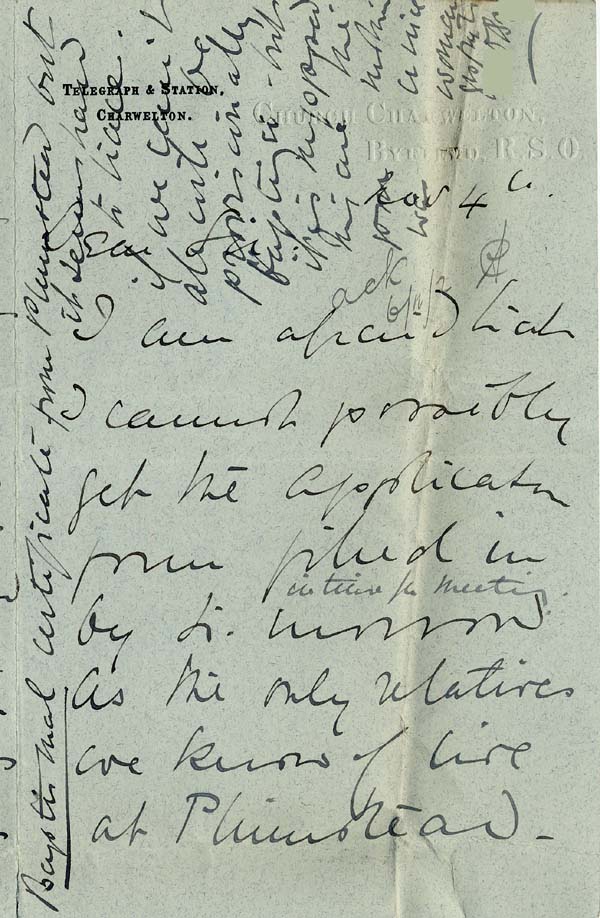 Large size image of Case 9308 3. Letter from Mrs O'B. saying she needs more time to complete the form  4 November 1902
 page 1