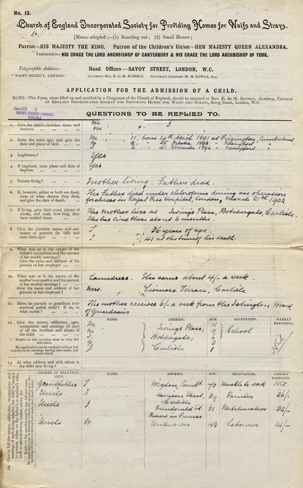 Large size image of Case 9309 1. Application to the Waifs and Strays' Society  5 November 1902
 page 1