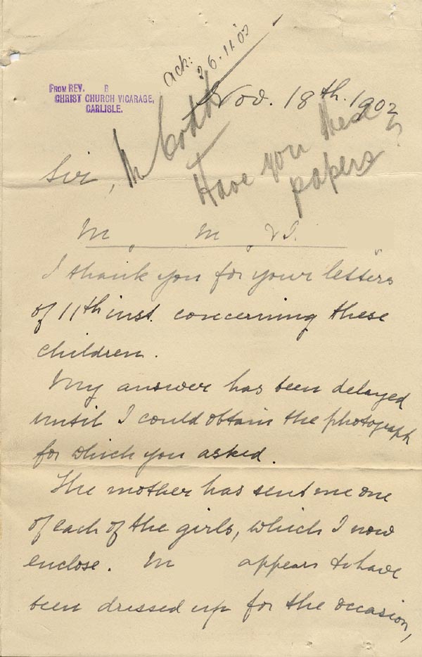 Large size image of Case 9309 3. Letter from Revd B. enclosing photographs of the children [these photographs are not on the file]  18 November 1902
 page 1