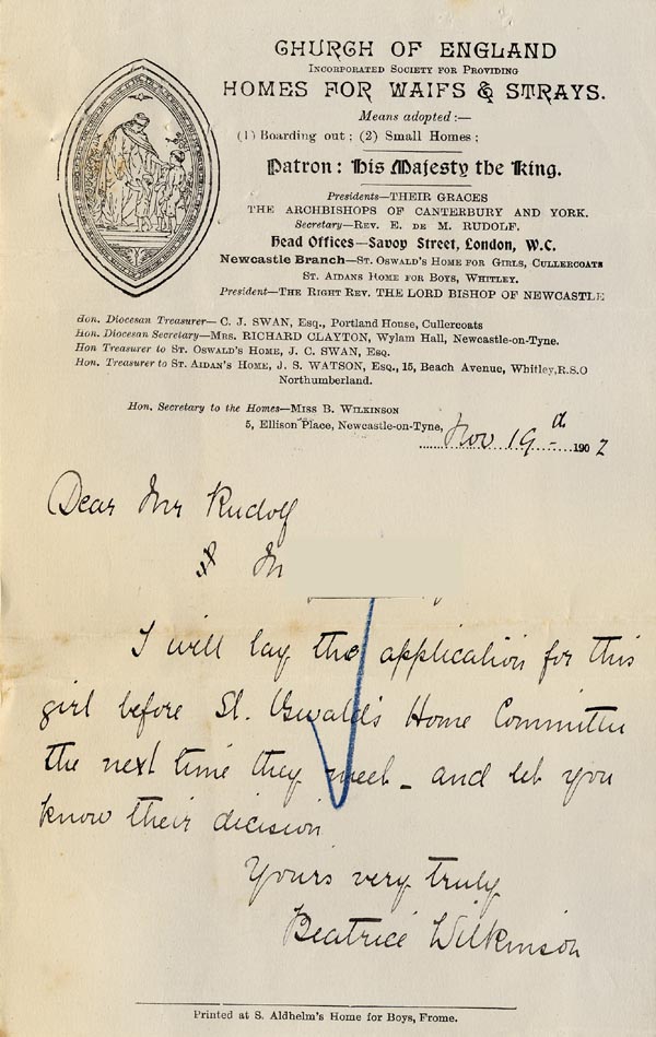Large size image of Case 9309 4. Letter from Miss Wilkinson concerning M's application for a place  19 November 1902
 page 1