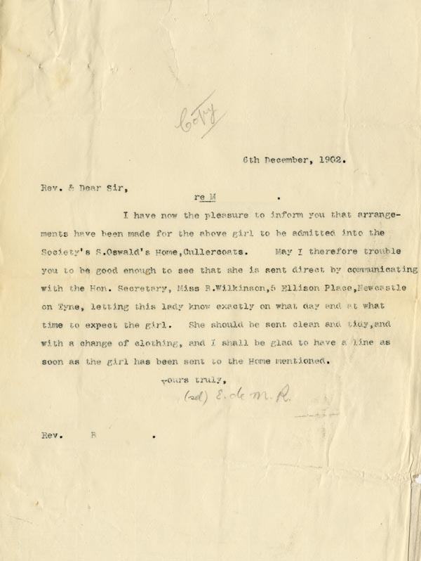 Large size image of Case 9309 5. Copy letter to the Revd B. informing him that M. could be admitted to St Oswald's Home  6 December 1902
 page 1