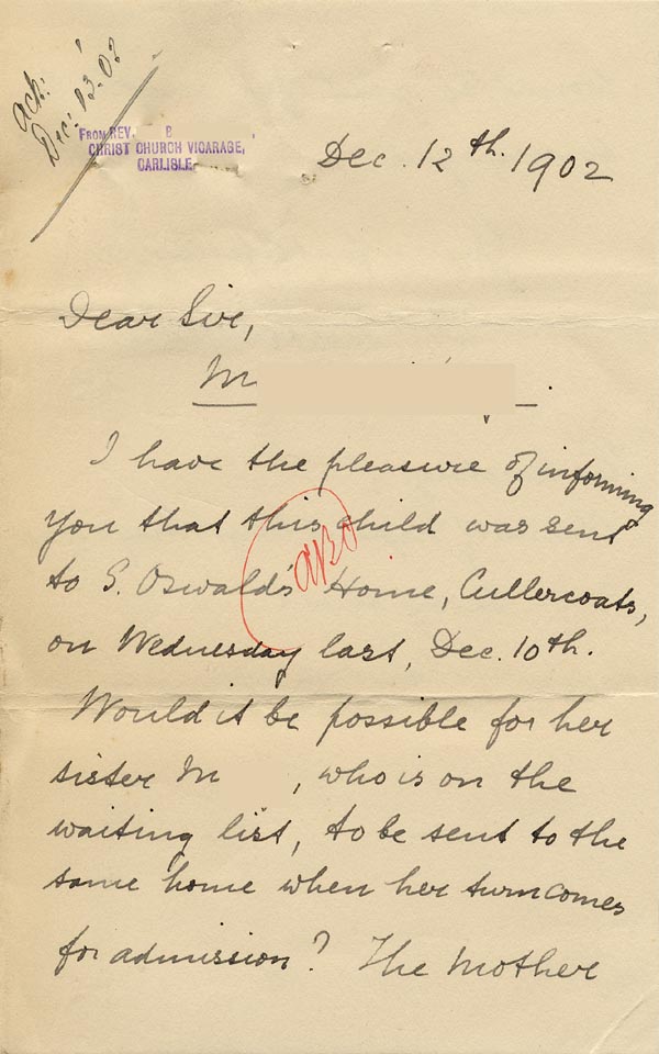 Large size image of Case 9309 6. Letter from Revd B. confirming that M. had been sent to St Oswald's and asking if her younger sister could go to the same Home in due course  12 December 1902
 page 1