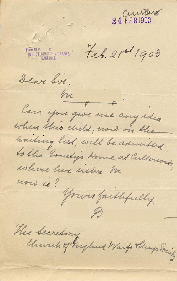 Large size image of Case 9309 7. Letter from Revd B. asking if there was a vacancy for M. at St Oswald's Home  21 February 1903
 page 1