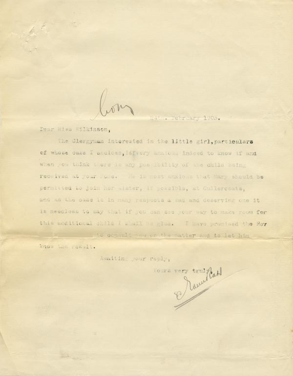 Large size image of Case 9309 8. Copy letter to Miss Wilkinson asking if M. could join her sister at St Oswald's  24 February 1903
 page 1