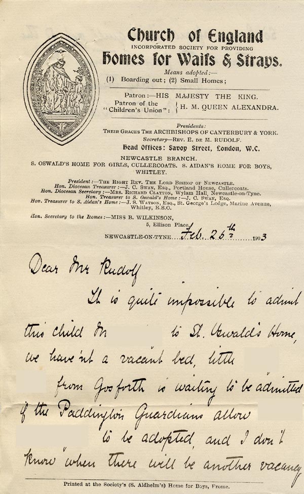 Large size image of Case 9309 10. Letter from Miss Wilkinson stating that there were no vacancies at the Home and that it was impossible to admit M.
 page 1