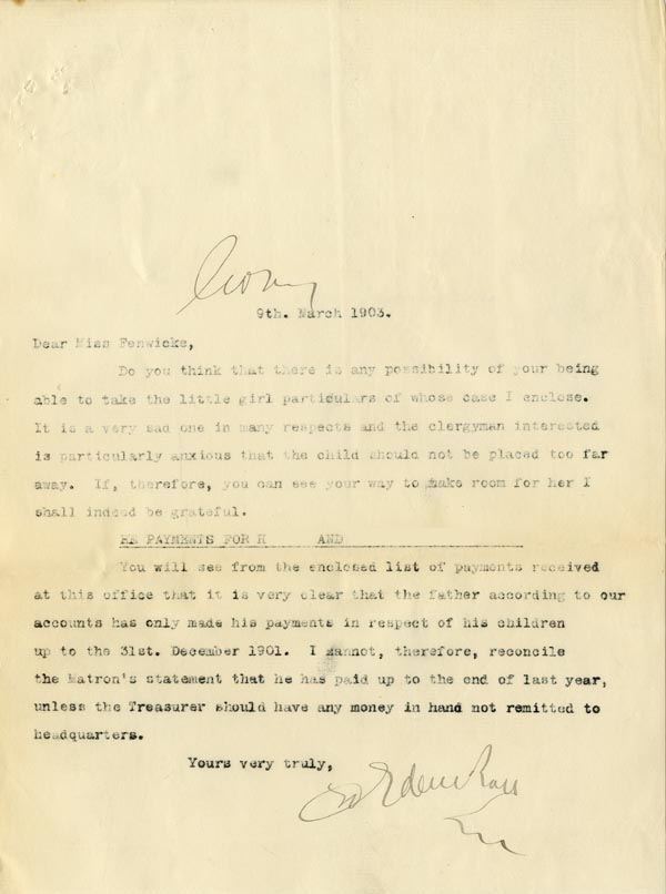 Large size image of Case 9309 13. Copy letter to St Cuthbert's Home, Darlington asking if they could accept M.  9 March 1903
 page 1