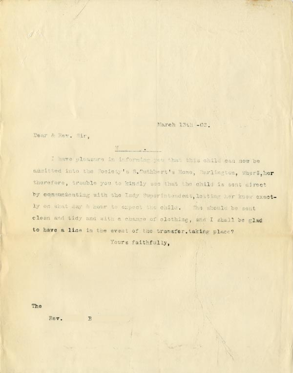 Large size image of Case 9309 15. Copy letter to Revd B. informing him that a place had been found for M.  13 March 1903
 page 1