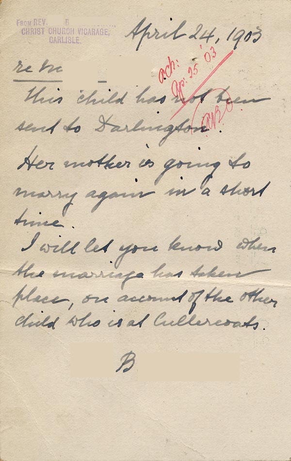 Large size image of Case 9309 17. Card from Revd B. announcing that M. would not be sent to St Cuthbert's Home as her mother was getting married again  24 April 1903
 page 2