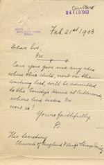 Image of Case 9309 7. Letter from Revd B. asking if there was a vacancy for M. at St Oswald's Home  21 February 1903
 page 1