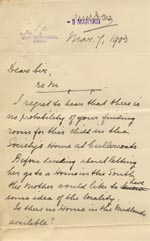 Image of Case 9309 12. Letter from Revd B. asking if there were Homes in the Midlands which might accept M.  7 March 1903
 page 1