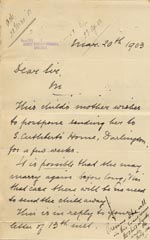 Image of Case 9309 16. Letter from Revd B. postponing M's admission to St Cuthbert's Home as her mother might marry again and thus be able to keep the child with her  20 March 1903
 page 1