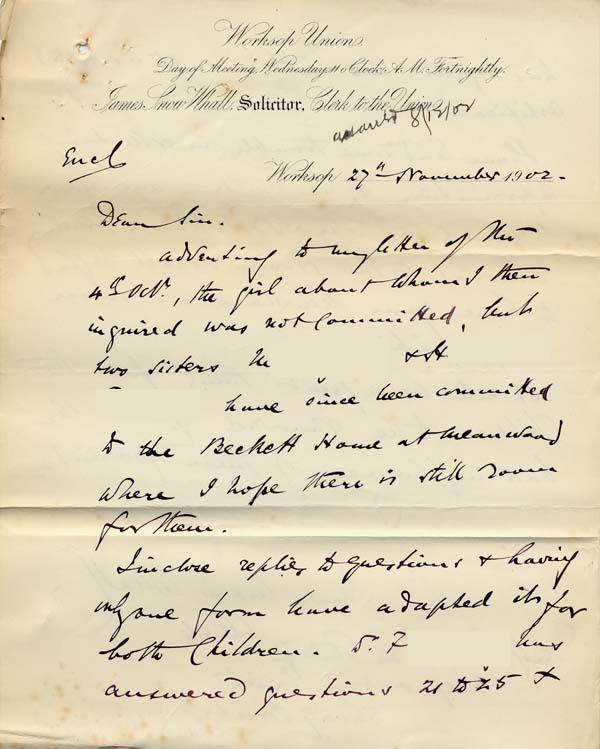 Large size image of Case 9315 3. Letter from the Worksop Union enclosing application form  27 November 1902
 page 1