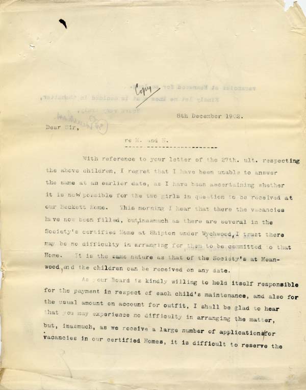 Large size image of Case 9315 8. Copy letter from Revd Edward Rudolf to the Worksop Union suggesting St Michael's Home  8 December 1902
 page 1