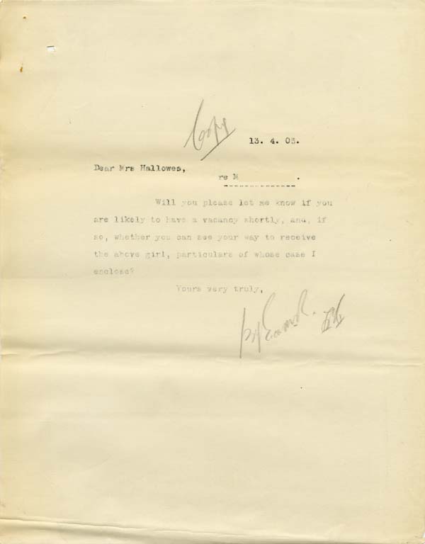 Large size image of Case 9315 16. Copy letter to St Barnabas Home, Newark asking if they can receive M.  13 April 1905
 page 1