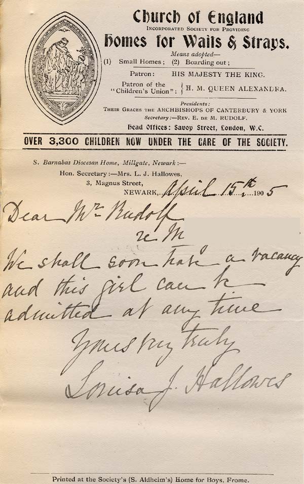 Large size image of Case 9315 17. Letter from St Barnabas Home agreeing to take M.  15 April 1905
 page 1