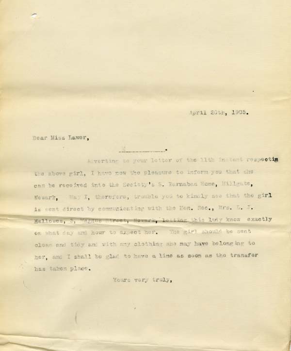 Large size image of Case 9315 20. Copy letter confirming that M. is to be sent to St Barnabas Home  20 April 1905
 page 1