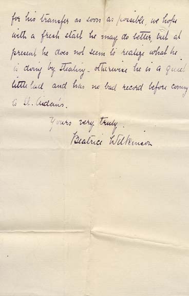 Large size image of Case 9350 6. Letter from Miss Beatrice Wilkinson requesting C. be transferred to a Home with a Master  2 August 1904
 page 2