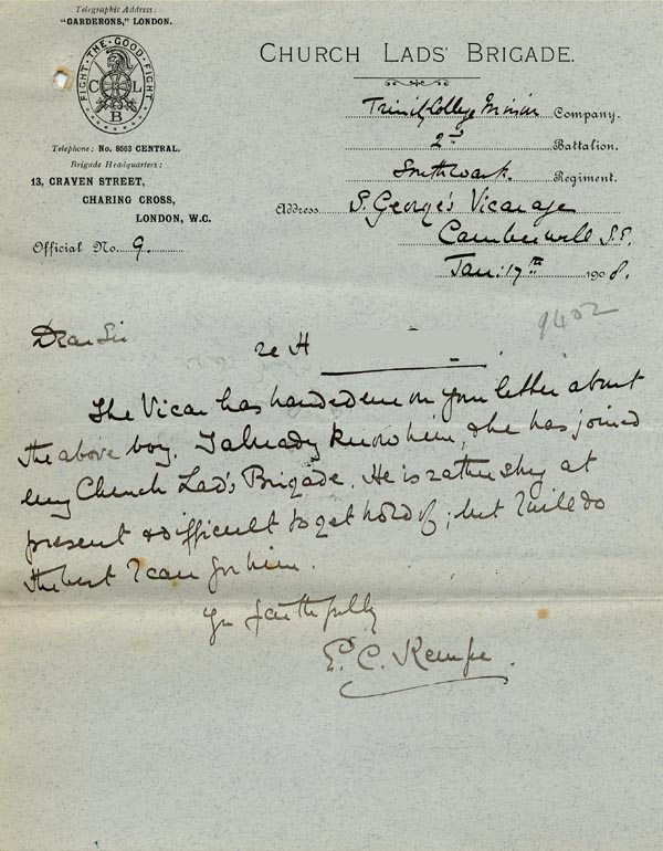 Large size image of Case 9402 9. Letter from St George, Camberwell about H.  17 January 1908
 page 1