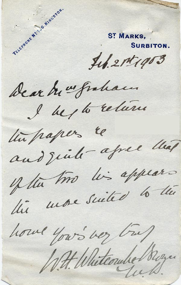 Large size image of Case 9498 8. Letter agreeing A. seems suitable for St Martin's Home  21 February 1903
 page 1