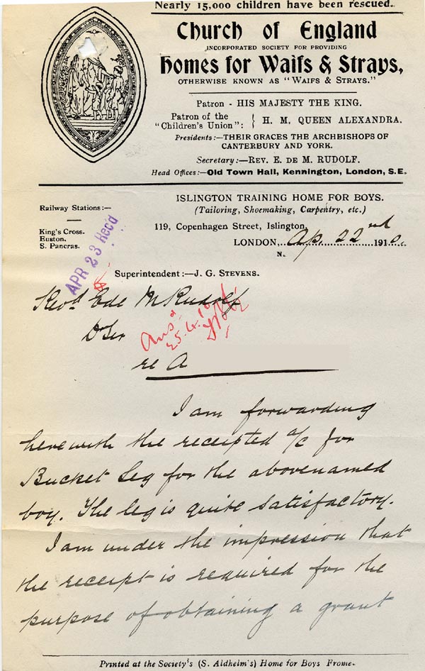 Large size image of Case 9498 22. Letter from Islington Home forwarding the invoice for the bucket leg  22 April 1910
 page 1
