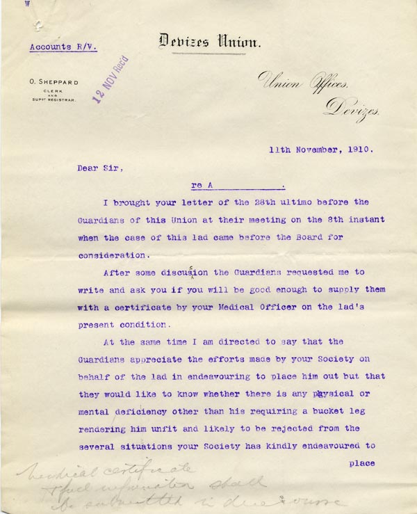 Large size image of Case 9498 29. Letter from Devizes Union asking to know if there is any problem other than his requiring an artificial leg which has kept A. from finding a situation  11 November 1910
 page 1