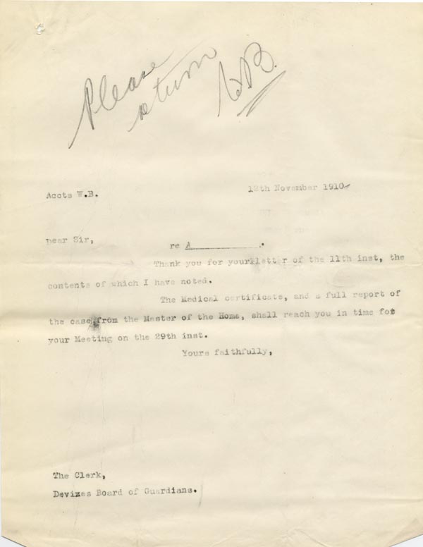 Large size image of Case 9498 30. Copy letter from Revd Edward Rudolf acknowledging the above letter  12 November 1910
 page 1