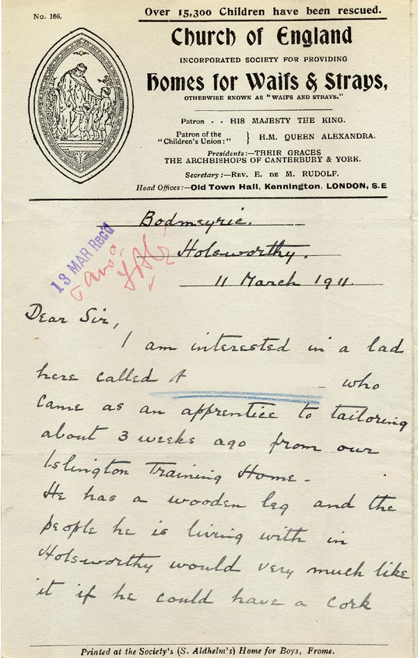 Large size image of Case 9498 39. Letter from Miss E.M. Peter, the Local Secretary of the Waifs and Strays' Society in Devon, mentioning her interest in A. and the hope that he might be helped to acquire a cork leg  11 March 1911
 page 1