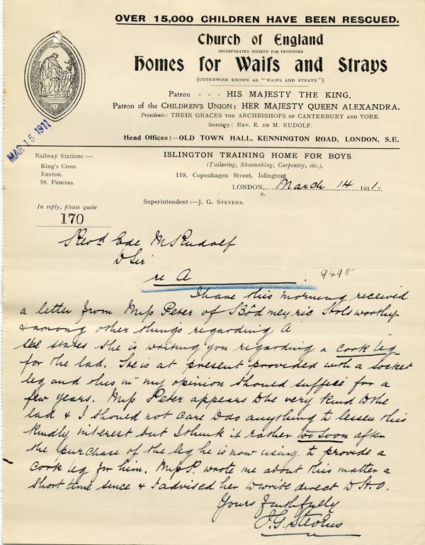 Large size image of Case 9498 42. Letter from the Islington Home to the Revd Edward Rudolf stating that A's bucket leg should last him for a bit longer  14 March 1911
 page 1