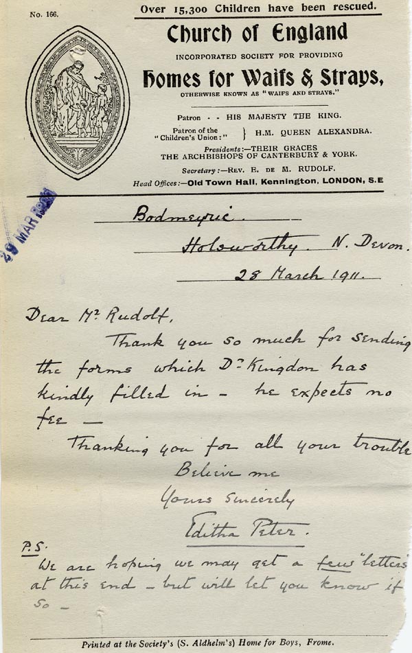 Large size image of Case 9498 50. Letter from Miss Peter enclosing completed forms  28 March 1911
 page 1