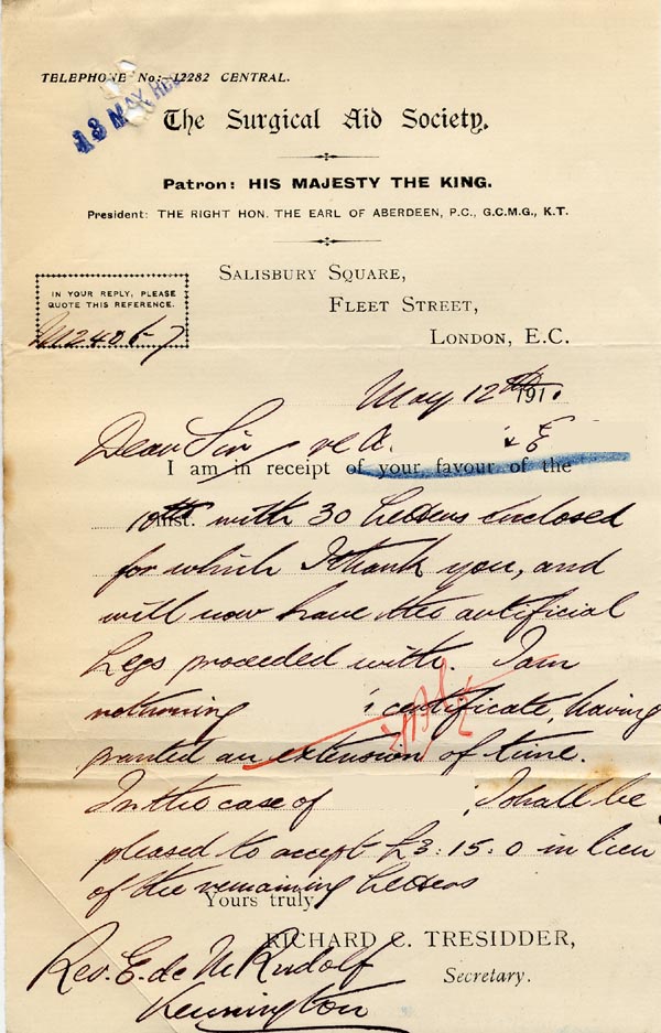 Large size image of Case 9498 57. Letter of acknowledgement from the Surgical Aid Society  12 May 1911
 page 1