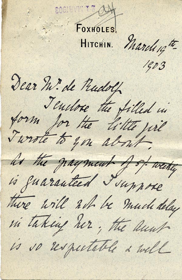 Large size image of Case 9603 2. Letter from F.A. Tindall Lucas accompanying the form  19 March 1903
 page 1