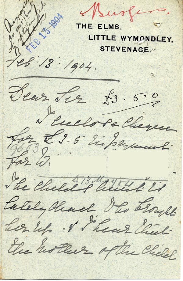 Large size image of Case 9603 3. Letter from Miss M.E. Tuck giving news of W's aunt and mother  13 February 1904
 page 1